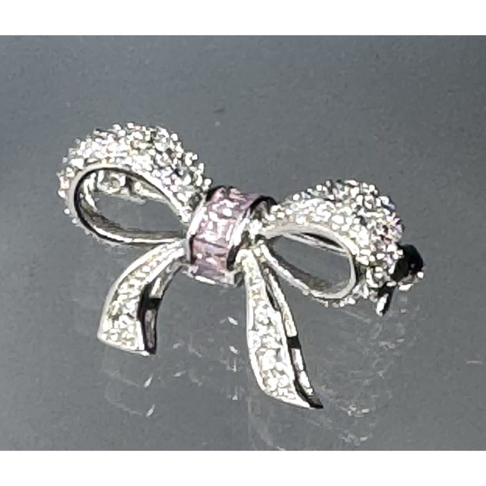 FAS 925 Sterling Silver CZ Bow Ribbon Brooch Pin Pavé Baguette 1" Gift